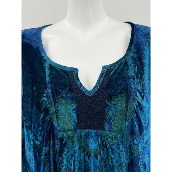 One World Top Womens 1X Blue Green Paisley Velour Tunic Boho Hippie Stretch - Picture 2 of 10